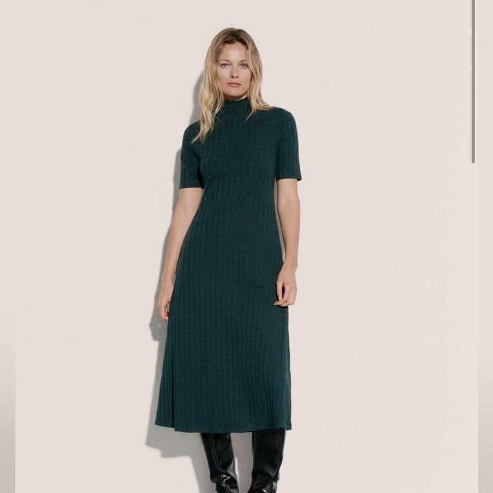 Zara Forest Green Ribbed Midi Mock-Neck Dress